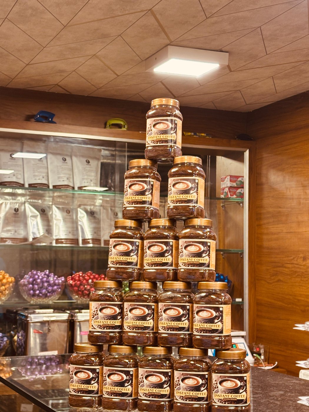 FACO coffee and tea packs on display at the shop
